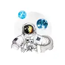 kid cudi man on the moon album with a moon man sitting on top. staring down a space highway leading to earth  tattoo design idea