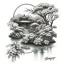 japanese garden with flowers tattoo design idea