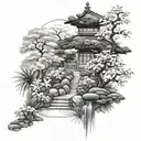 japanese garden with flowers tattoo design idea
