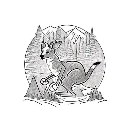 boxing kangaroo with linework mountainous and forest background, with infills to suit. Chris bentchetler style art tattoo design idea
