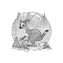 boxing kangaroo with linework mountainous and forest background, with infills to suit. Chris bentchetler style art tattoo design idea