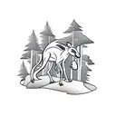 boxing kangaroo with linework mountainous and forest background, with infills to suit. Chris bentchetler style art tattoo design idea