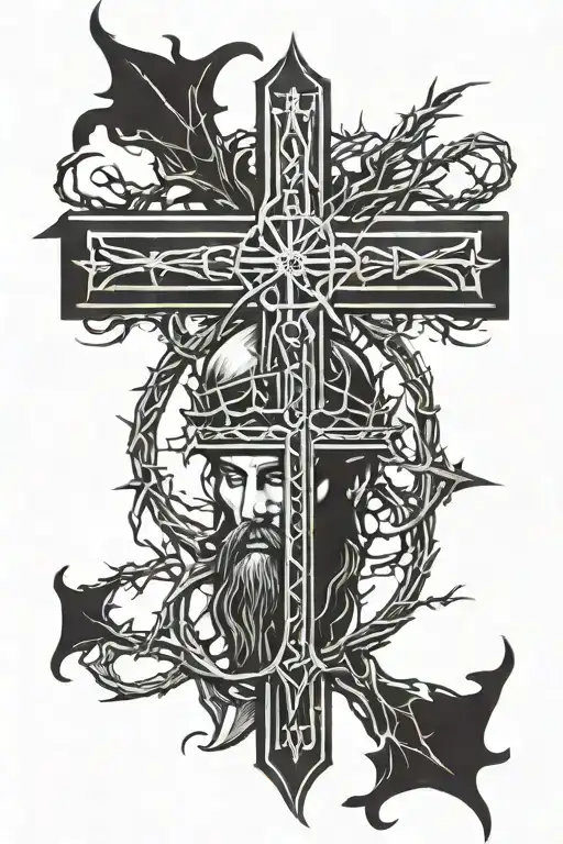 Yahweh with Christian cross and crown of thorns tattoo design idea