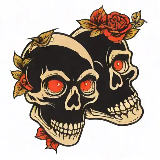 two skulls, one with heart-shaped eyes, another with broken heart-shaped eyes. both in a cartoon style  tattoo design idea