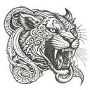 Tattoo design. Black sabre tooth pussycat wearing a lions head as a hoodie. I have seen similar things with vikings and  tattoo design idea
