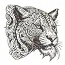 Tattoo design. Black sabre tooth pussycat wearing a lions head as a hoodie. I have seen similar things with vikings and  tattoo design idea