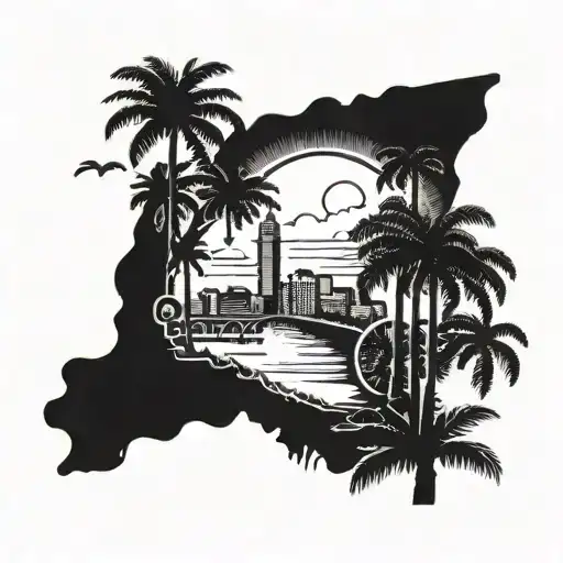 Tattoo of South Carolina and Georgia connected by a highway with buildings in the background and palm trees tattoo design idea