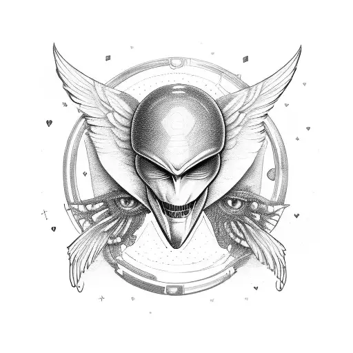 wings with an alien head, hearts, and planets fit into it tattoo design idea