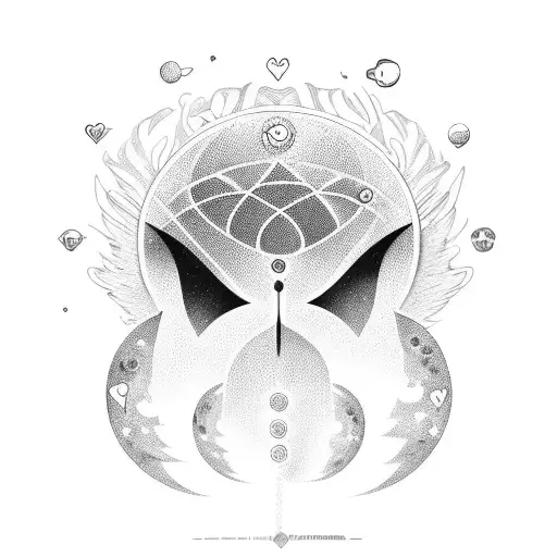 wings with an alien head, hearts, and planets fit into it. vector type, pop art tattoo design idea