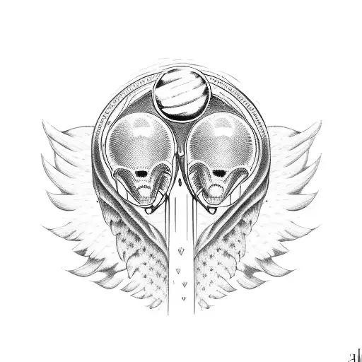angel wings with an alien head, hearts, and planets fit into it tattoo design idea