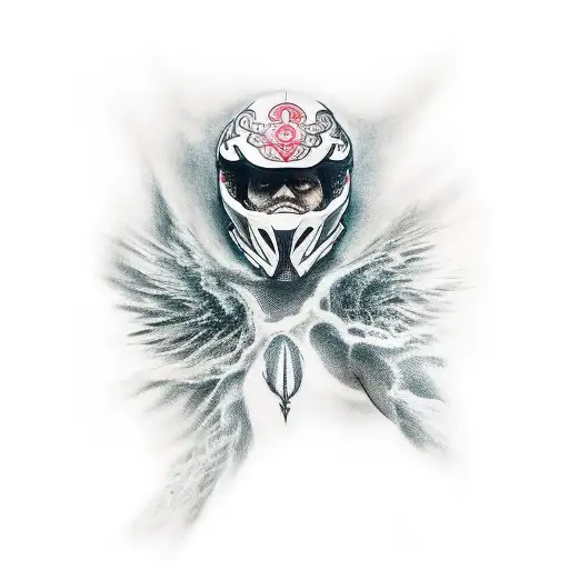 Create a realistic tattoo of a powerful video game character riding a motorcycle. tattoo design idea