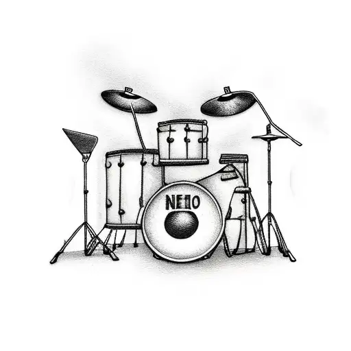 drums on fire in front of drum set with blue flames in front tattoo design idea