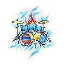drums on fire with blue and red flames tattoo design idea