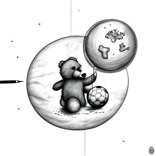 teddy bear holding the planet Saturn tattoo design idea