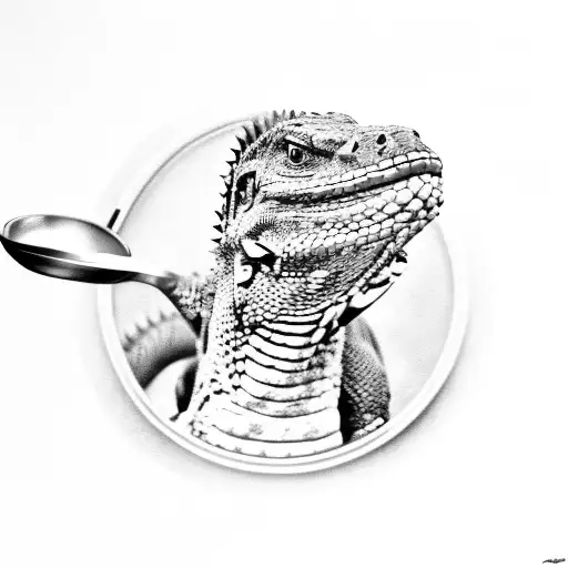 a komodo dragon holding a spoon drawn in black and gray tattoo design idea