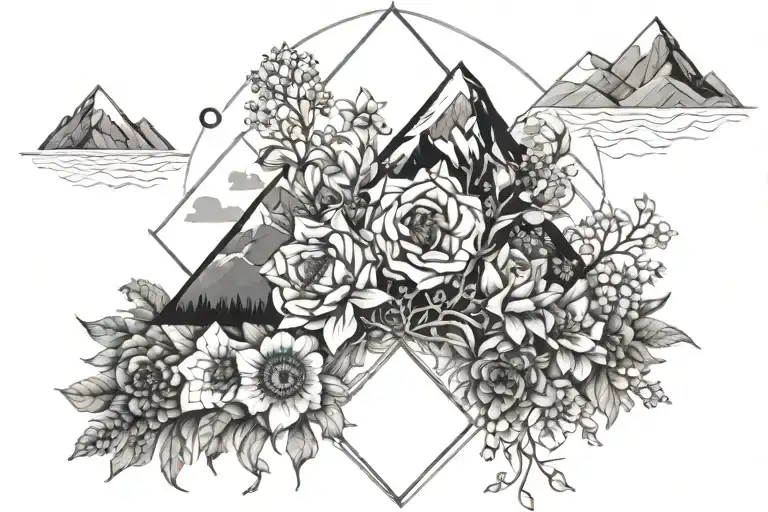 psalm 34:18 with flowers and mountains geometric  tattoo design idea