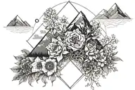 psalm 34:18 with flowers and mountains geometric  tattoo design idea
