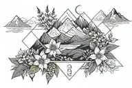 psalm 34:18 with flowers and mountains geometric  tattoo design idea