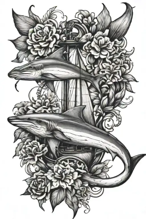 one Hammerhead Shark and Ship Anchor with flowers intertwined tattoo design idea