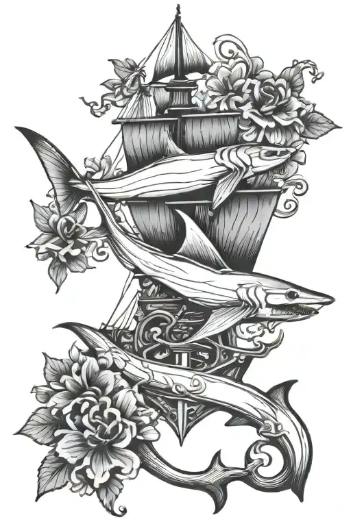 Hammerhead Shark and Ship Anchor and flowers intertwined tattoo design idea