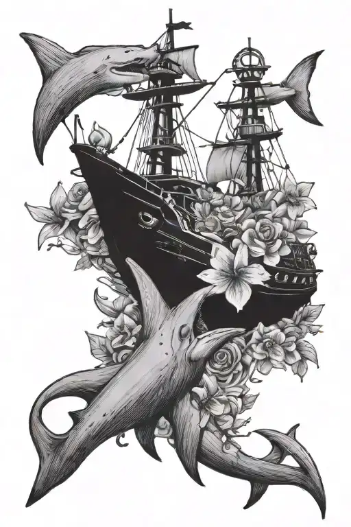 Hammerhead Shark and Ship Anchor with flowers tattoo design idea