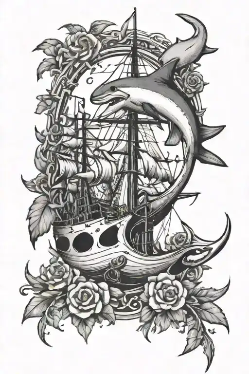 one Hammerhead Shark and Ship Anchor with flowers intertwined tattoo design idea