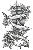Hammerhead Shark and Ship Anchor and flowers intertwined tattoo design idea