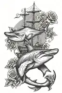 Hammerhead Shark and Ship Anchor and flowers intertwined tattoo design idea