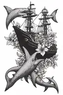Hammerhead Shark and Ship Anchor with flowers tattoo design idea
