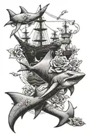 Hammerhead Shark and Ship Anchor with flowers tattoo design idea