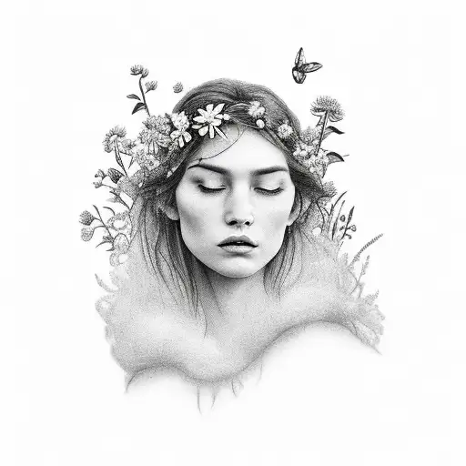 princess looking ot the side. wildflowers in her hair. eyes closed. looking neutral or sad tattoo design idea