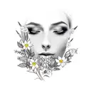 princess looking ot the side. wildflowers in her hair. eyes closed. looking neutral or sad tattoo design idea