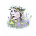 princess looking ot the side. wildflowers in her hair. eyes closed. looking neutral or sad tattoo design idea