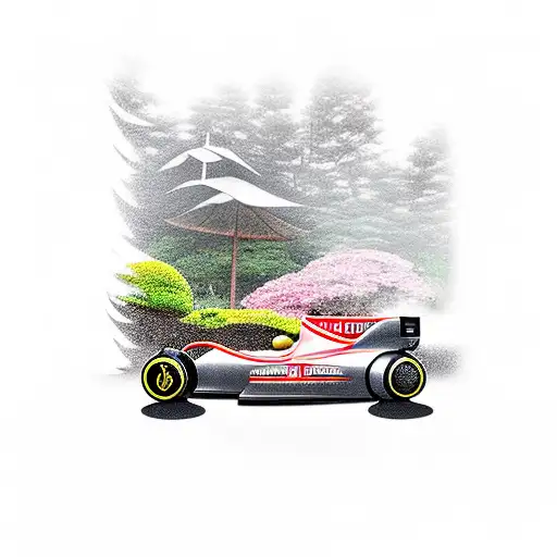A wooden Formula One car racing through a Japanese garden tattoo design idea