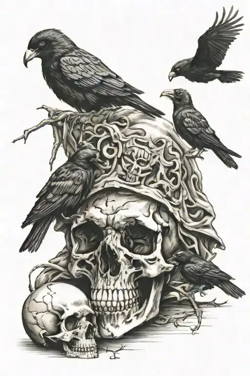 skulls laying at the feet of the angle of death with a hood seeing his eyes. crows and a sythce  tattoo design idea