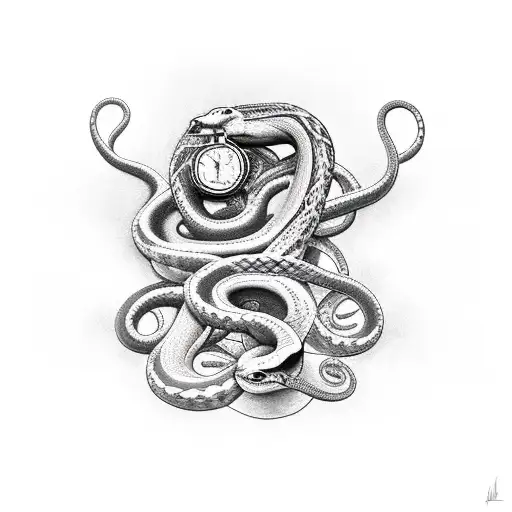 Time Machines and Revenge with snakes tattoo design idea