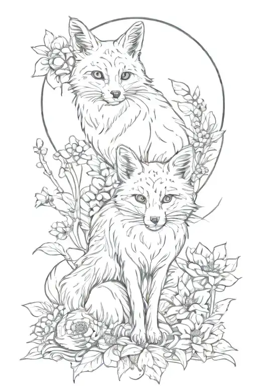 fox with an owl, dragonfly, black cat, sunflower, lilly of the valley, and a waxing crecent moon tattoo design idea