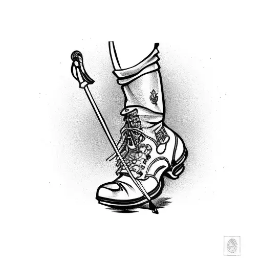 A hiking boot stepping on a musical staff, with musical notes forming a trail tattoo design idea