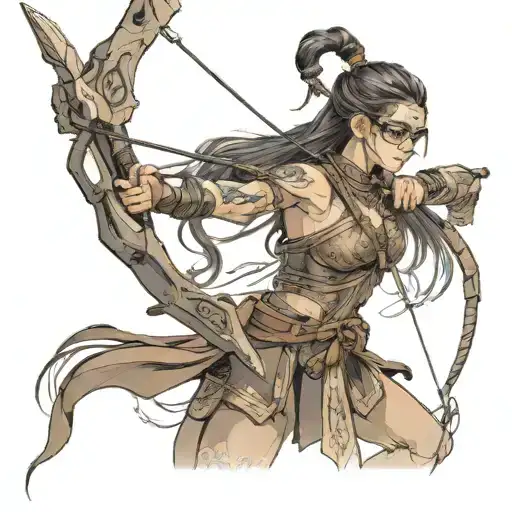 Asian girl, glasses, standing at full height, with long hair, leather armor, bow and arrows on her back, beautiful hands tattoo design idea