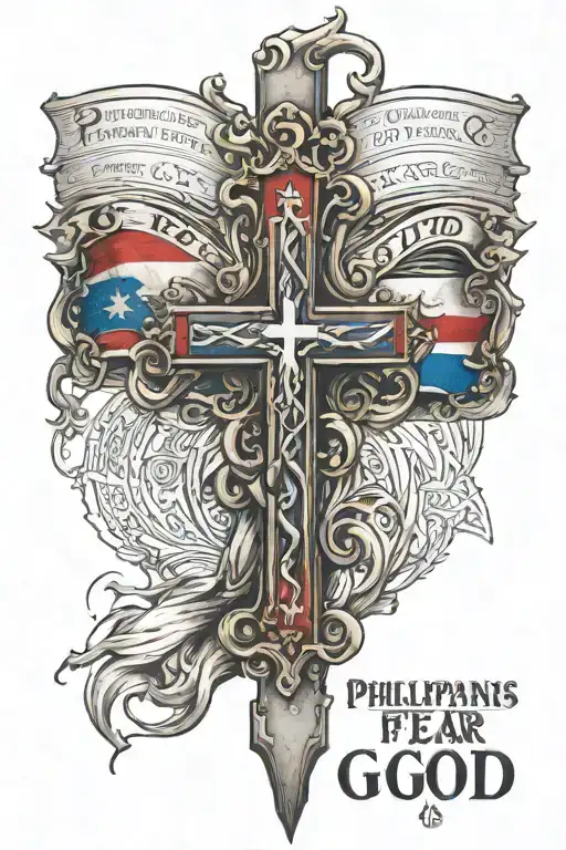 philipians 4:13 Phillipians verse across cross with fear god under cross and puerto rico, el salvador flag behind cross tattoo design idea