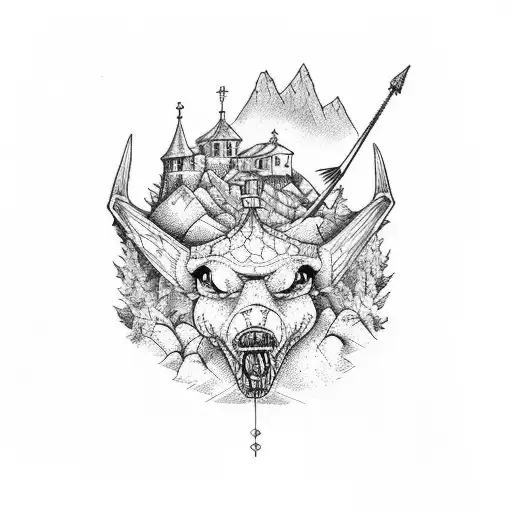 concha del camino de santiago, en el fondo los pirineos franceses, 2 bicis y una hoguera tattoo design idea