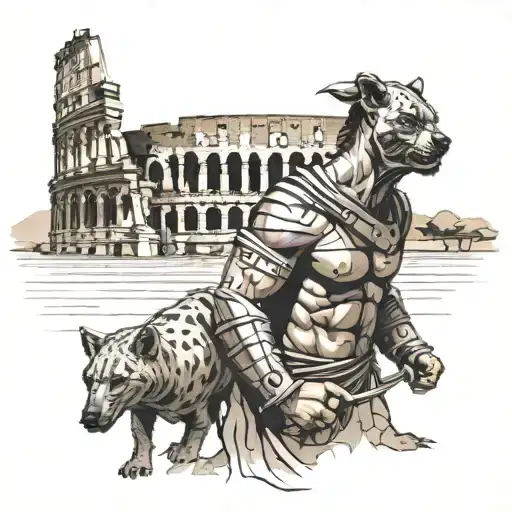 gladiator in front of the Colusseum, with two hyenas next to him tattoo design idea