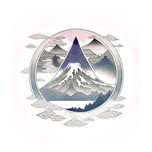 right arm sleeve. circular crest, rays of light, a singular mountain with trees at the base tattoo design idea