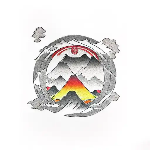Create a japanese style quarter sleeve tattoo for the right arm. Add a circular japanese crest above the mountain with t tattoo design idea