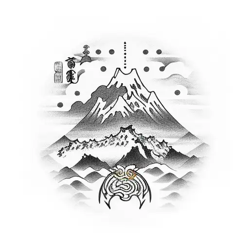 right arm sleeve. japanese crest with rays of light above a singular mountain with orchard at the base tattoo design idea