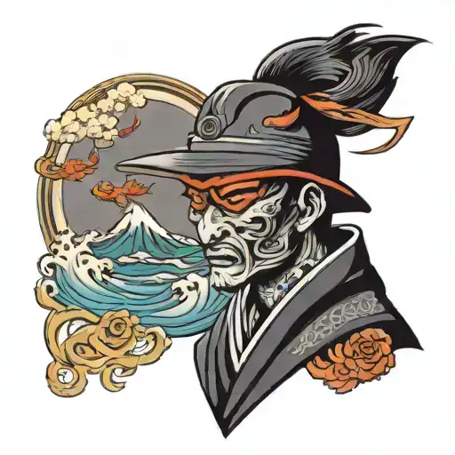 samurai with kitsune fox mask straw hat a heron and waves tattoo design idea