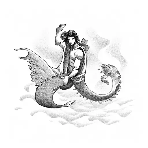 An angelic merman holding a book with the ocean and sky as the background tattoo design idea