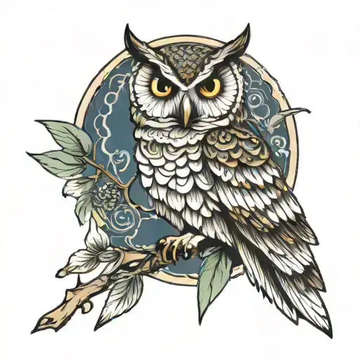 An intricate owl perched on a branch, with each feather representing a different aspect of your personality as a Gemini tattoo design idea