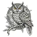 An intricate owl perched on a branch, with each feather representing a different aspect of your personality as a Gemini tattoo design idea