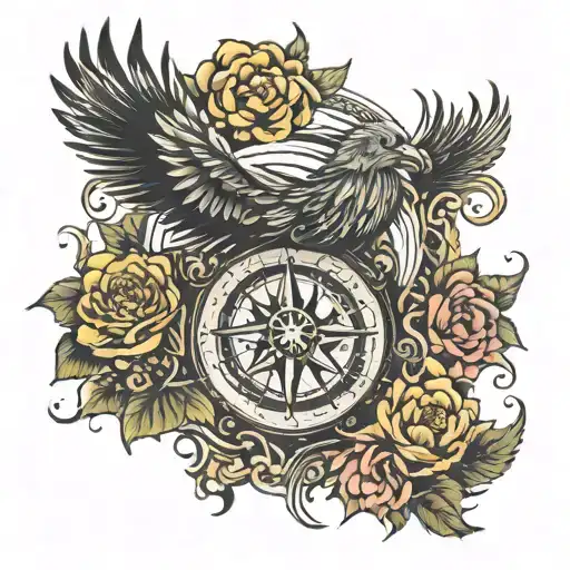 phoenix with viking compass and flowers growing tattoo design idea